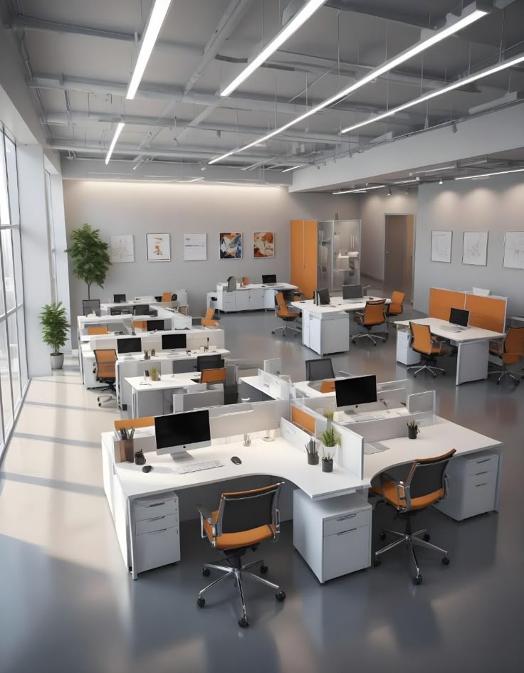Gambar desain partisi kantor minimalis modern dengan warna netral dan pencahayaan alami yang memberikan kesan luas dan elegan pada ruangan kerja.